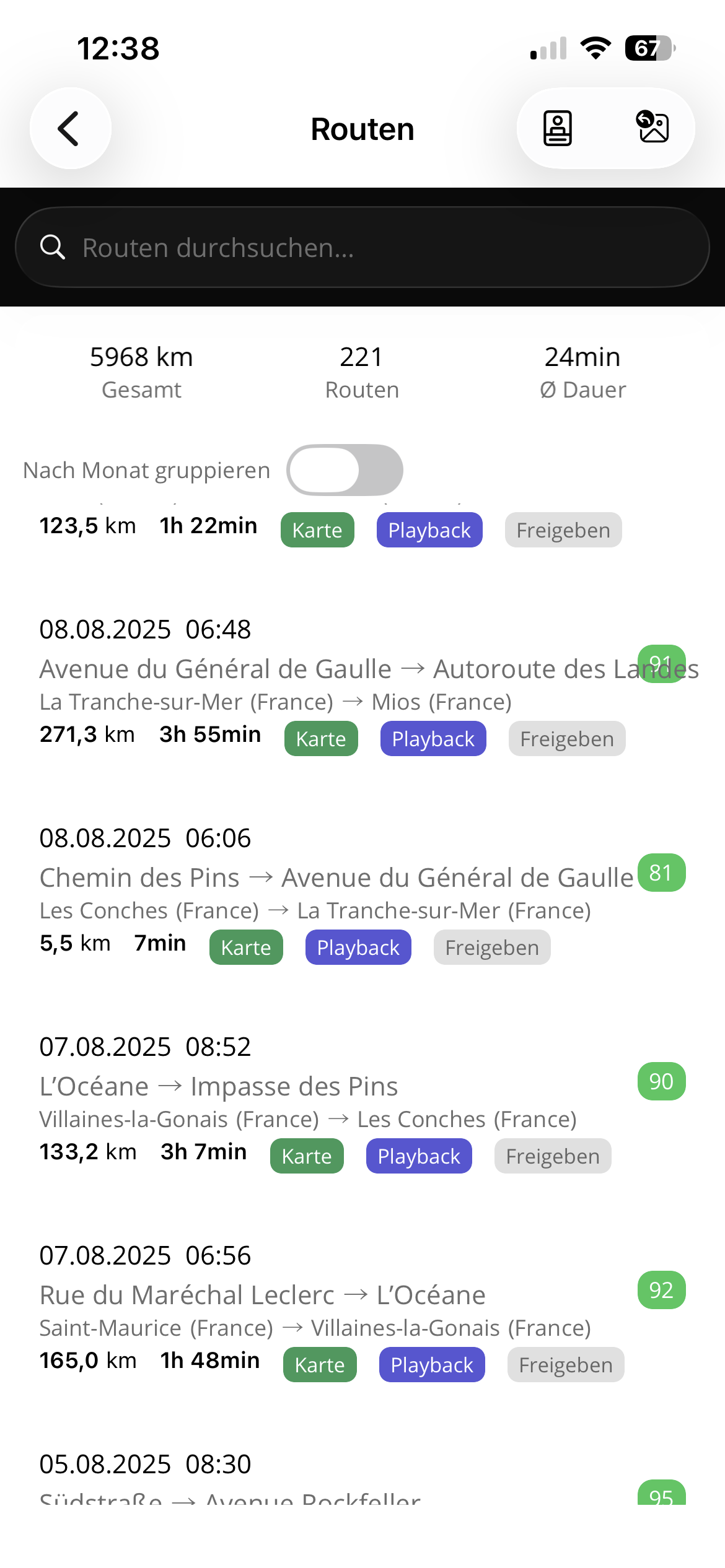 Recorded routes in the German-only app